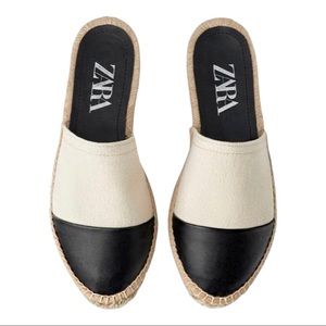 NWT Zara platform espadrille mules cap toe canvas off white pu leather black